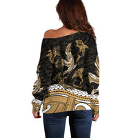 Polynesian Tribal Off Shoulder Sweater with Sharks Tattoo Gold LT6 - Polynesian Pride