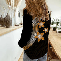 Polynesian Women Casual Shirt With Plumeria Flower Gold LT6 - Polynesian Pride