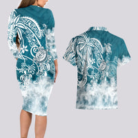 Polynesian Sea Turtle Couples Matching Long Sleeve Bodycon Dress and Hawaiian Shirt Tribal LT6 - Polynesian Pride