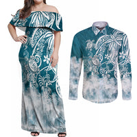Polynesian Sea Turtle Couples Matching Off Shoulder Maxi Dress and Long Sleeve Button Shirts Tribal LT6 Blue - Polynesian Pride