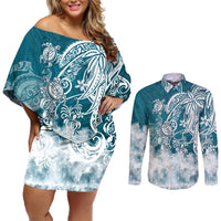 Polynesian Sea Turtle Couples Matching Off Shoulder Short Dress and Long Sleeve Button Shirts Tribal LT6 Blue - Polynesian Pride