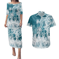 Polynesian Sea Turtle Couples Matching Puletasi Dress and Hawaiian Shirt Tribal LT6 Blue - Polynesian Pride