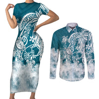 Polynesian Sea Turtle Couples Matching Short Sleeve Bodycon Dress and Long Sleeve Button Shirts Tribal LT6 Blue - Polynesian Pride