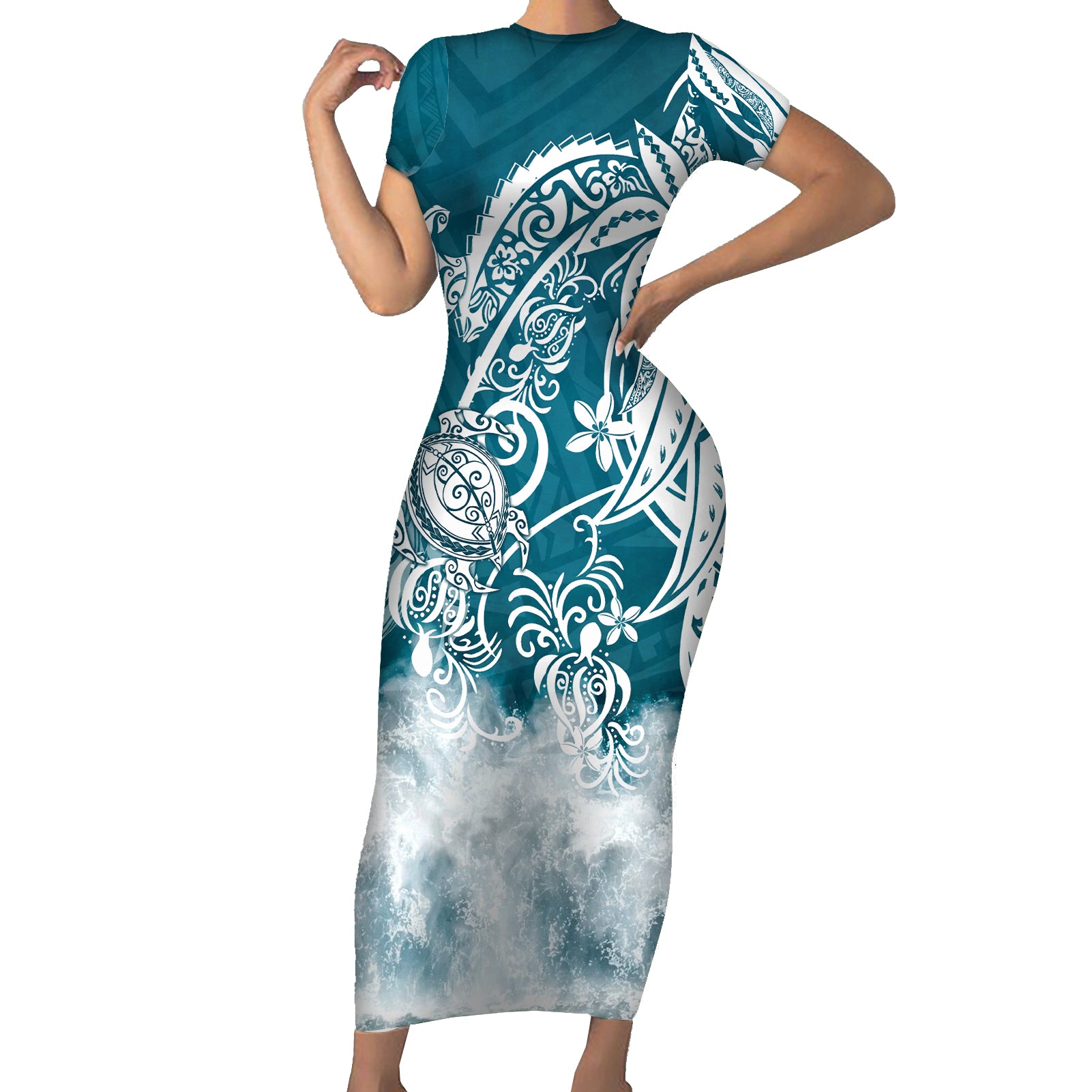Polynesian Sea Turtle Short Sleeve Bodycon Dress Tribal LT6 Long Dress Blue - Polynesian Pride
