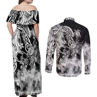 Polynesian Sea Turtle Couples Matching Off Shoulder Maxi Dress and Long Sleeve Button Shirts Tribal Black LT6 - Polynesian Pride