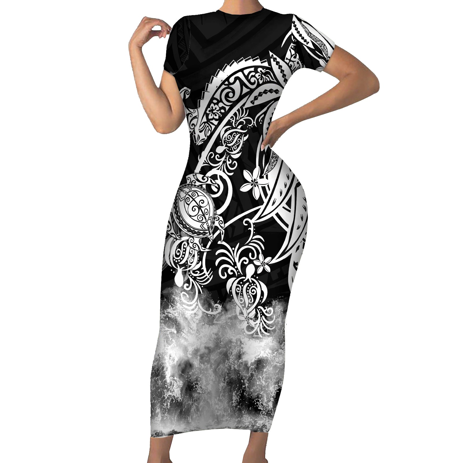 Polynesian Sea Turtle Short Sleeve Bodycon Dress Tribal Black LT6 Long Dress Black - Polynesian Pride