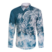 Polynesian Sea Turtle Long Sleeve Button Shirt Tribal Blue LT6 Unisex Blue - Polynesian Pride