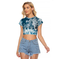 Polynesian Sea Turtle Raglan Cropped T Shirt Tribal Blue LT6 Female Blue - Polynesian Pride