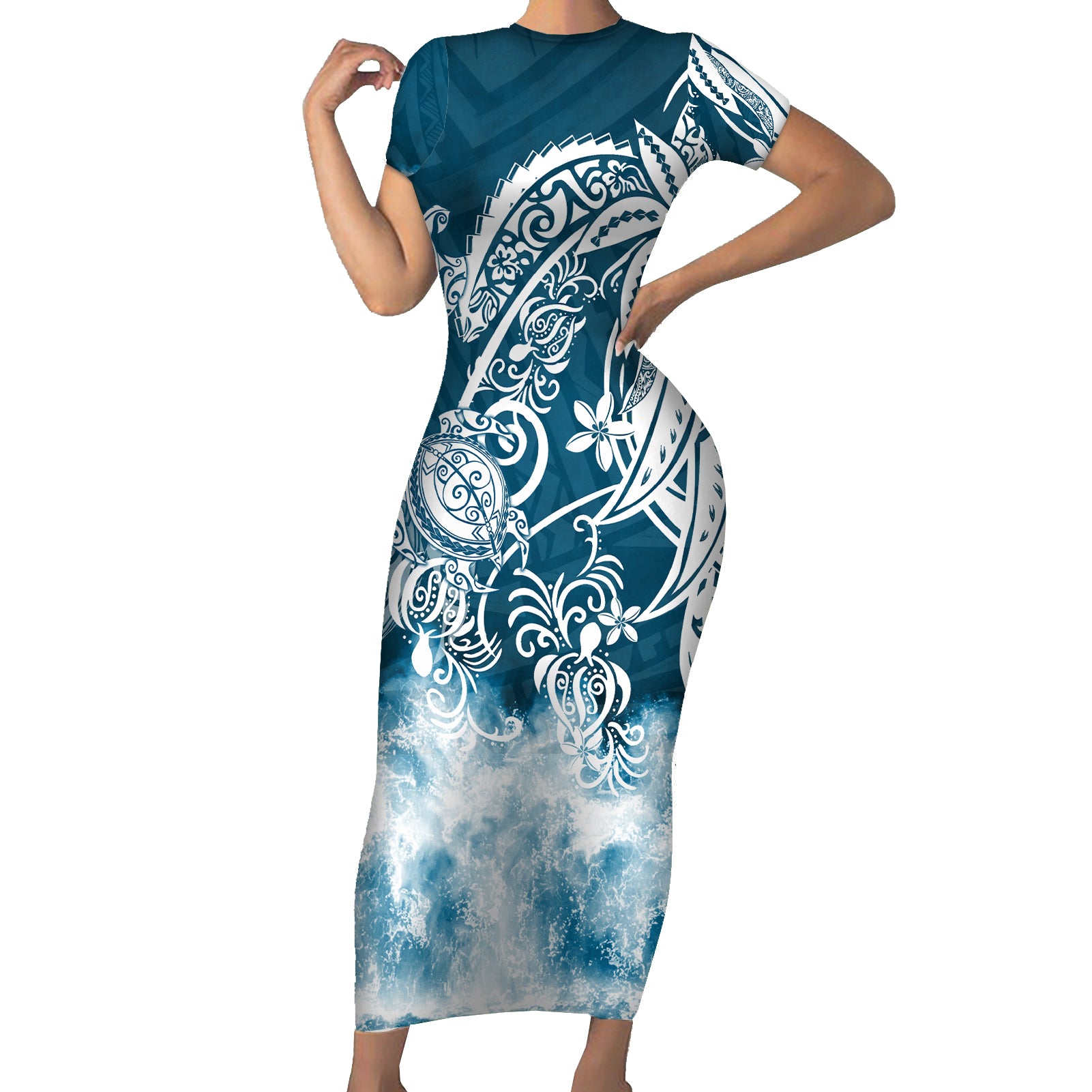 Polynesian Sea Turtle Short Sleeve Bodycon Dress Tribal Blue LT6 Long Dress Blue - Polynesian Pride