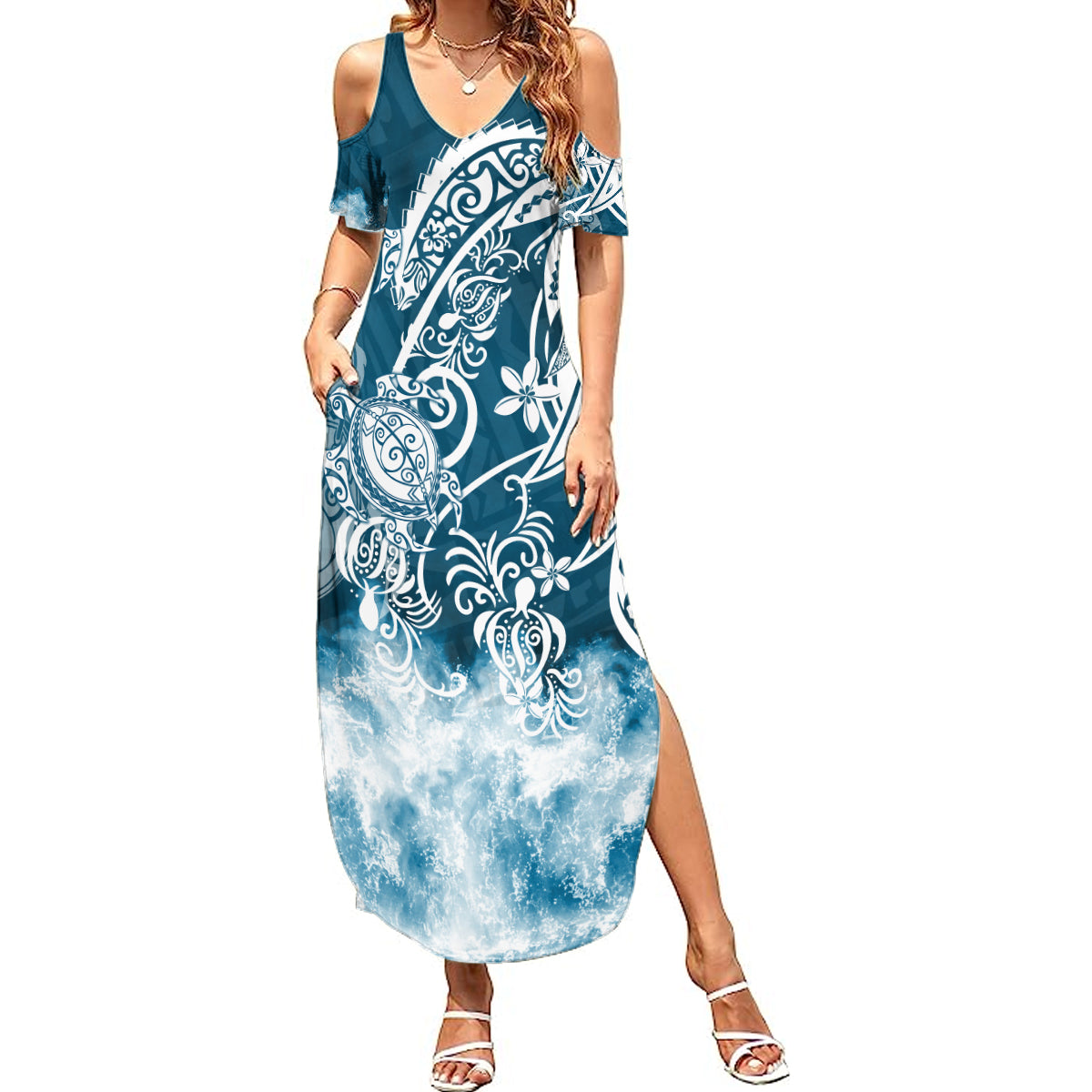 Polynesian Sea Turtle Summer Maxi Dress Tribal Blue LT6 Women Blue - Polynesian Pride