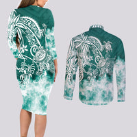 Polynesian Sea Turtle Couples Matching Long Sleeve Bodycon Dress and Long Sleeve Button Shirts Tribal Green LT6 - Polynesian Pride