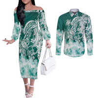 Polynesian Sea Turtle Couples Matching Off The Shoulder Long Sleeve Dress and Long Sleeve Button Shirts Tribal Green LT6 Green - Polynesian Pride