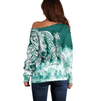 Polynesian Sea Turtle Off Shoulder Sweater Tribal Green LT6 - Polynesian Pride