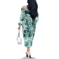 Polynesian Sea Turtle Off The Shoulder Long Sleeve Dress Tribal Green LT6 - Polynesian Pride