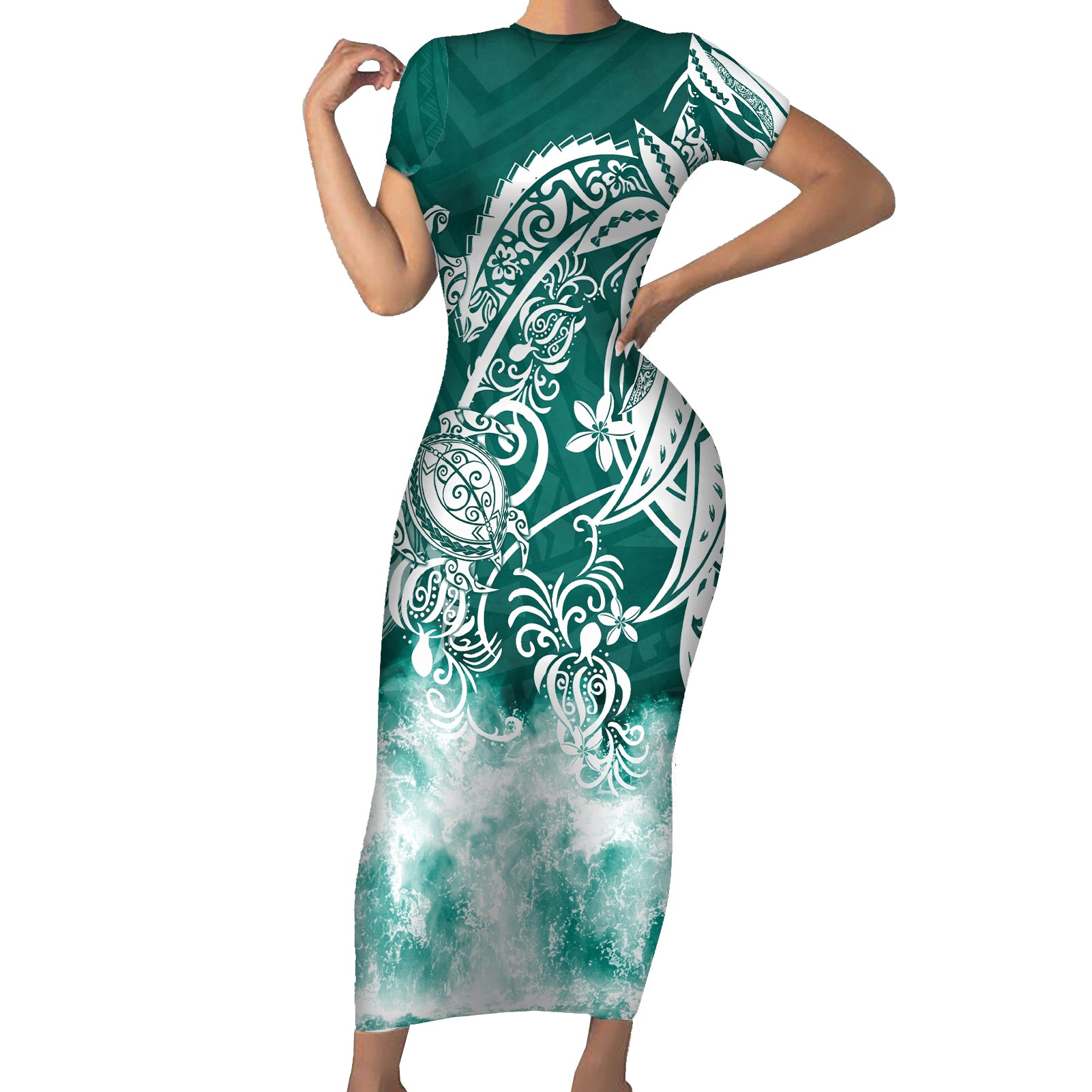 Polynesian Sea Turtle Short Sleeve Bodycon Dress Tribal Green LT6 Long Dress Green - Polynesian Pride