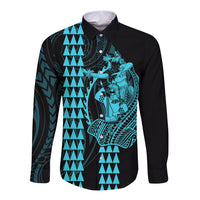 Polynesian Long Sleeve Button Shirt Hawaiian Warrior and Aloha Girl With Hammerhead Shark Tattoos Light Blue LT6 Unisex Blue - Polynesian Pride