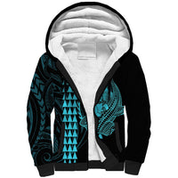 Polynesian Sherpa Hoodie Hawaiian Warrior and Aloha Girl With Hammerhead Shark Tattoos Light Blue LT6 Unisex Blue - Polynesian Pride