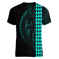 Polynesian Women V Neck T Shirt Hawaiian Warrior and Aloha Girl With Hammerhead Shark Tattoos Turquoise LT6 - Polynesian Pride