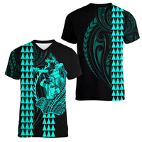 Polynesian Women V Neck T Shirt Hawaiian Warrior and Aloha Girl With Hammerhead Shark Tattoos Turquoise LT6 - Polynesian Pride