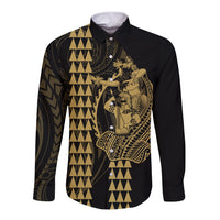 Polynesian Long Sleeve Button Shirt Hawaiian Warrior and Aloha Girl With Hammerhead Shark Tattoos Gold LT6 Unisex Gold - Polynesian Pride