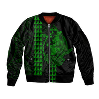 Polynesian Sleeve Zip Bomber Jacket Hawaiian Warrior and Aloha Girl With Hammerhead Shark Tattoos Green LT6 Unisex Green - Polynesian Pride