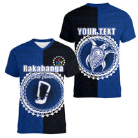 Custom Rakahanga Of Cook Islands Women V Neck T Shirt Mix Half Black LT6 - Polynesian Pride