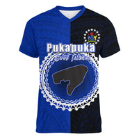 Custom Pukapuka Of Cook Islands Women V Neck T Shirt Mix Half Black LT6 Female Blue - Polynesian Pride