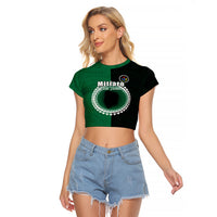 Custom Mitiaro Of Cook Islands Raglan Cropped T Shirt Mix Half Black LT6 Female Green - Polynesian Pride