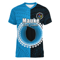 Custom Mauke Of Cook Islands Women V Neck T Shirt Mix Half Black LT6 Female Blue - Polynesian Pride