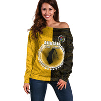 Custom Atutaki Of Cook Islands Off Shoulder Sweater Mix Half Black LT6 Women Yellow - Polynesian Pride