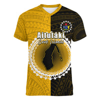 Custom Atutaki Of Cook Islands Women V Neck T Shirt Mix Half Black LT6 Female Yellow - Polynesian Pride