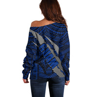 Polynesian Guam Off Shoulder Sweater with Coat Of Arms Claws Style - Blue LT6 - Polynesian Pride