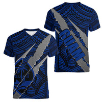 Polynesian Guam Women V Neck T Shirt with Coat Of Arms Claws Style - Blue LT6 - Polynesian Pride