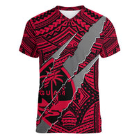 Polynesian Guam Women V Neck T Shirt with Coat Of Arms Claws Style - Red LT6 Female Red - Polynesian Pride