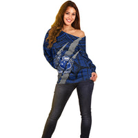 Polynesian Samoa Off Shoulder Sweater with Coat Of Arms Claws Style - Blue LT6 - Polynesian Pride