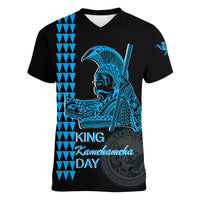 Custom Hawaii Women V Neck T Shirt King Kamehameha Day - Blue LT6 Female Blue - Polynesian Pride