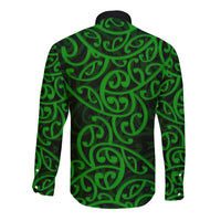 New Zealand Long Sleeve Button Shirt Maori Pattern Green LT6 - Polynesian Pride