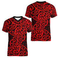 New Zealand Women V Neck T Shirt Maori Pattern Red LT6 - Polynesian Pride