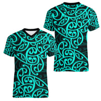 New Zealand Women V Neck T Shirt Maori Pattern Turquoise LT6 - Polynesian Pride