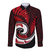 New Zealand Long Sleeve Button Shirt Maori With Silver Fern Red LT6 Unisex Red - Polynesian Pride