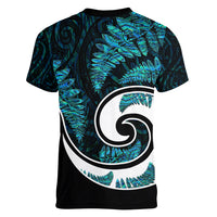 New Zealand Women V Neck T Shirt Maori With Silver Fern Papua Shell Green Ver.2 LT6 - Polynesian Pride