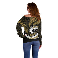 New Zealand Off Shoulder Sweater Maori With Silver Fern Gold LT6 - Polynesian Pride
