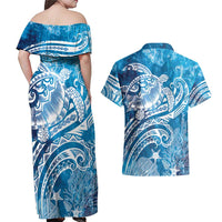 World Ocean Day Polynesian Pattern Couples Matching Off Shoulder Maxi Dress and Hawaiian Shirt Crystal Waves