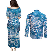 World Ocean Day Polynesian Pattern Couples Matching Puletasi and Long Sleeve Button Shirt Crystal Waves