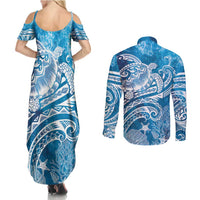 World Ocean Day Polynesian Pattern Couples Matching Summer Maxi Dress and Long Sleeve Button Shirt Crystal Waves