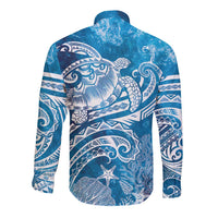 World Ocean Day Polynesian Pattern Long Sleeve Button Shirt Crystal Waves