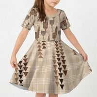 Aloha Hawaii Vintage Kahili Pa'a Lima Kid Short Sleeve Dress Palaka Print Cozy Beige LT7 KID Beige - Polynesian Pride