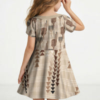 Aloha Hawaii Vintage Kahili Pa'a Lima Kid Short Sleeve Dress Palaka Print Cozy Beige LT7 - Polynesian Pride