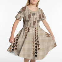 Aloha Hawaii Vintage Kahili Pa'a Lima Kid Short Sleeve Dress Palaka Print Cozy Beige LT7 - Polynesian Pride