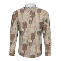 Aloha Hawaii Vintage Kahili Pa'a Lima Long Sleeve Button Shirt Palaka Print Cozy Beige LT7 Unisex Beige - Polynesian Pride
